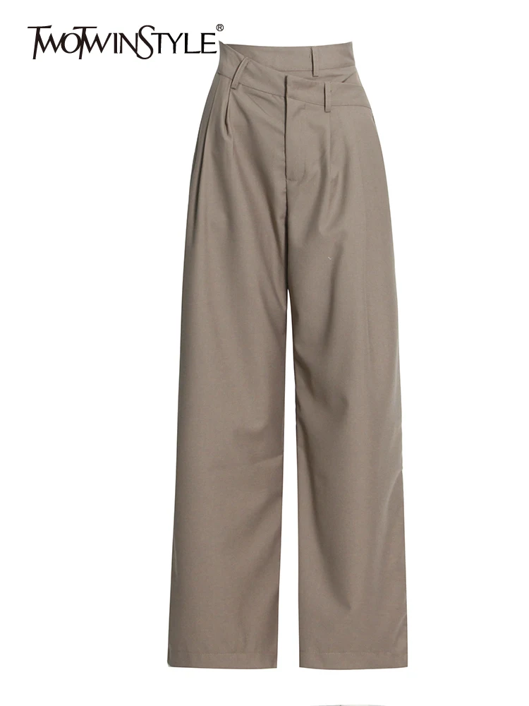 

TWOTWINSTYLE Temperament Trousers For Women High Waist Patchwork Pocket Casual Minimalist Irregular Wide Leg Pants Female Autumn