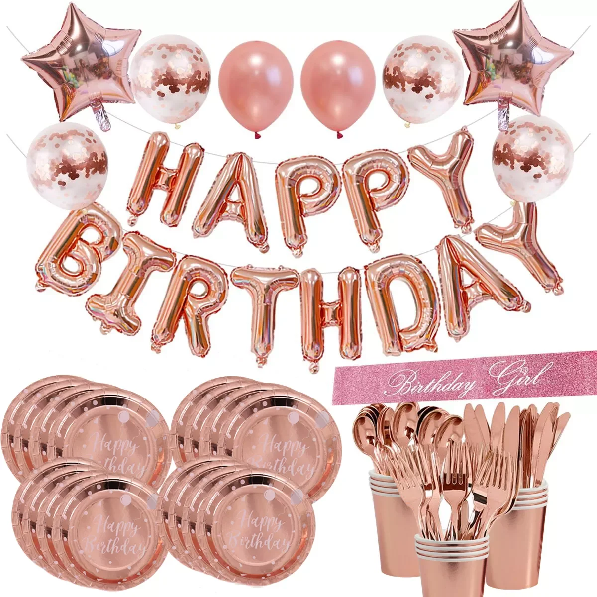 

Birthday Decorations Girls Rose Gold balloon Disposable Tableware Baby Shower One Year 1st Birthday Party Decorations