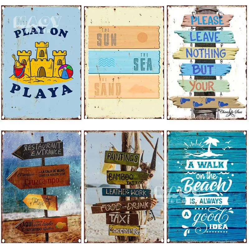 

Beach Slogan Metal Tin Signs Wood Wall Plaque Welcome Contemporary Decor Hanging Plate for Beach House Home Bedroom Tent Decors