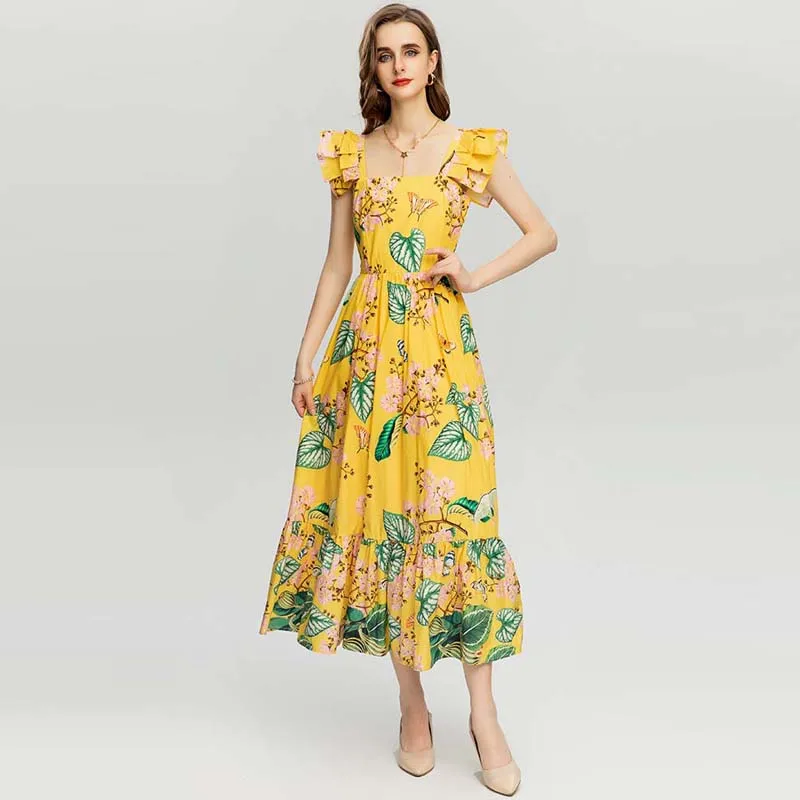 Janeyiren catwalk Dress Autumn/Winter square neck high waisted butterfly flower print yellow party dress