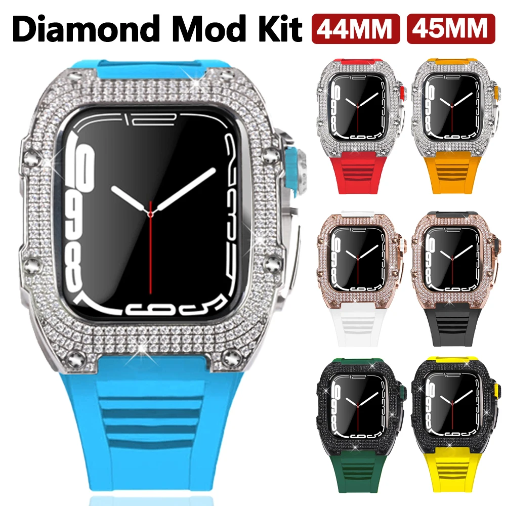 

Luxury Modification Kit For Apple Watch Band Series 7 45mm Diamond Case+Rubber Strap For iWatch 44mm 6 5 4 SE Metal Accessories