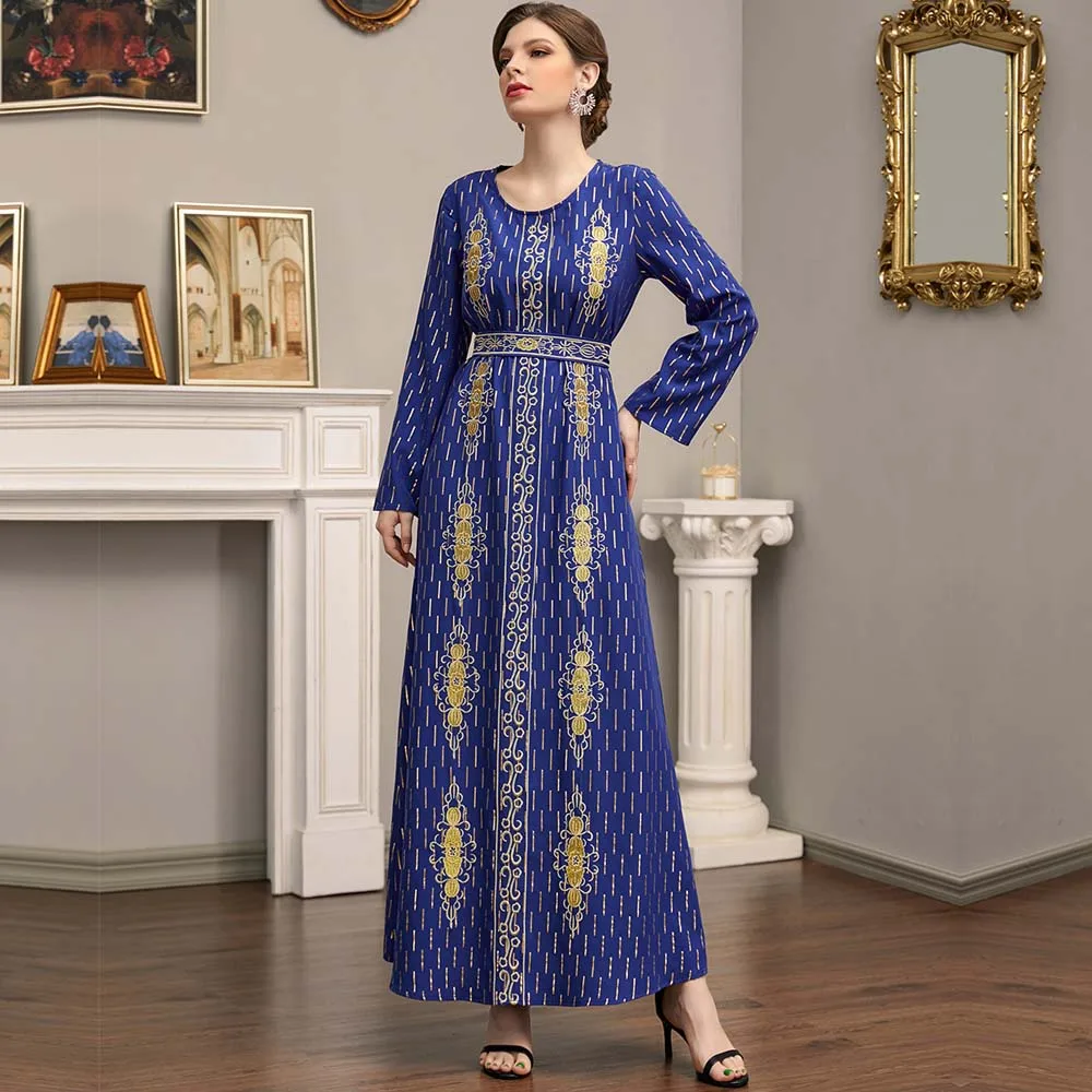 

Maxi Dress Blue Fashion Exquisite Gold Embroidery Lace-up Dress Arab Middle East Satin Kaftan Jellaba Moroccan Muslim Islam
