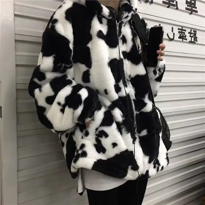 Hoodies Zipper Women Winter Furry Cows Pattern Hooded Coat Women's Loose Top Cotton-Padded Coat Hoodies Sweatshirts Tops Men