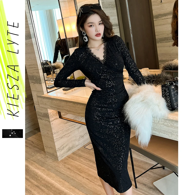 

2023 New French Dress Sexy V Neck Slim Long Sleeve Glitter Black Dresses Female