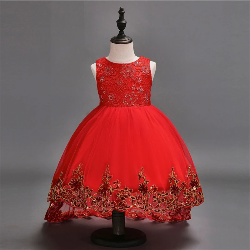 

3-12 Years Old Children Elegant Clothing Kid Tail Wedding Flower Birthday Party Dress Red Sequin Knot Wear