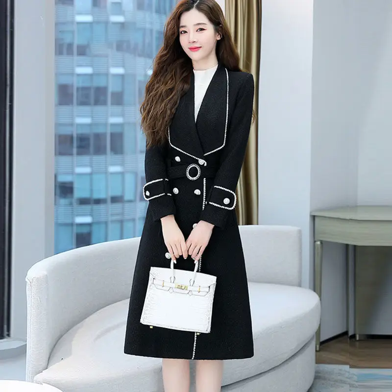 

Autumn and Winter New Women's Woolen Korean Mid-Length Elegant Turn Down Collar Outwear Female Fashion All-Match Trench Coat Q69