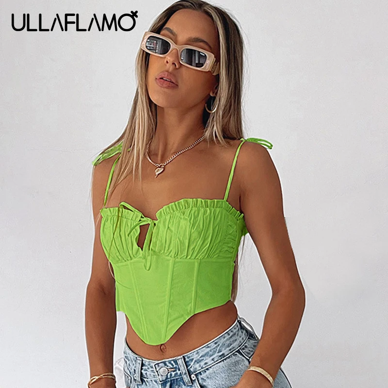 

Draped Wrap Chest Sling Camis Lace-Up Green Corset Tops Women Clothing Fishbone Ruffle Bustier Irregular Chic Slim Faja Female