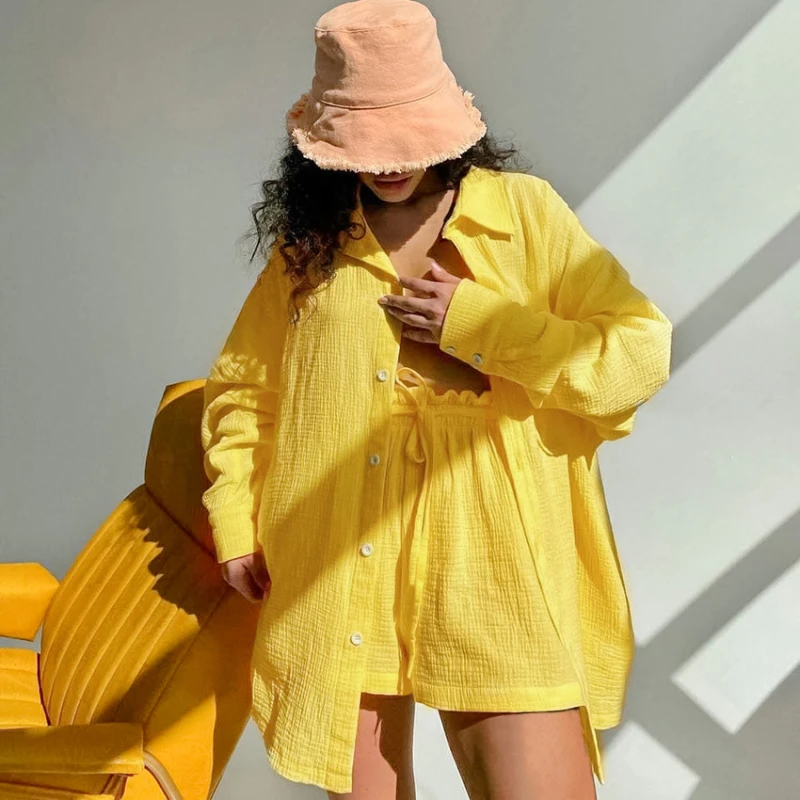 

French Summer Double Gauze Cotton Yellow Pajamas for Women Comfortable Buttons Long Sleeve Shorts Suit Ladies Kawaii Homewear