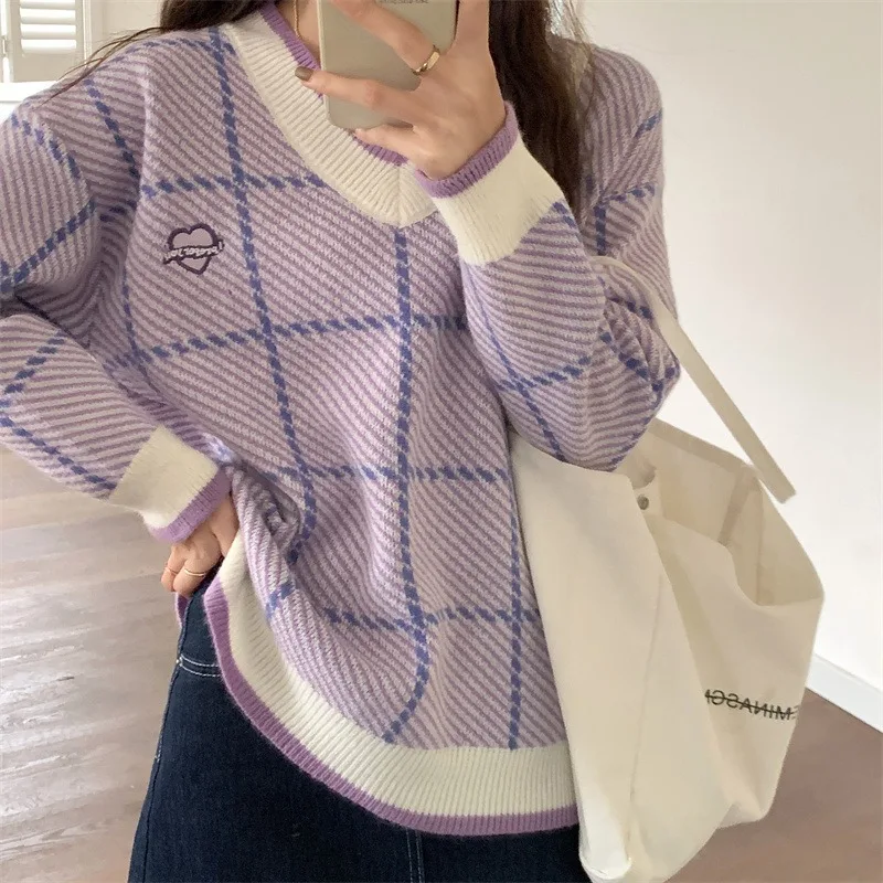 

Новинка 2023, пурпурный свитер, Женская осенне-зимняя свободная модная майка с V-образным вырезом