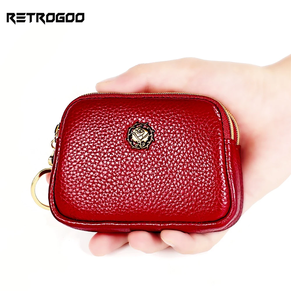 RETROGOO Fashion Genuine Leather Women Coin Purse Doule Zipper Small Purse Wallet Metal Flower Female Wallets Colorful Carteira