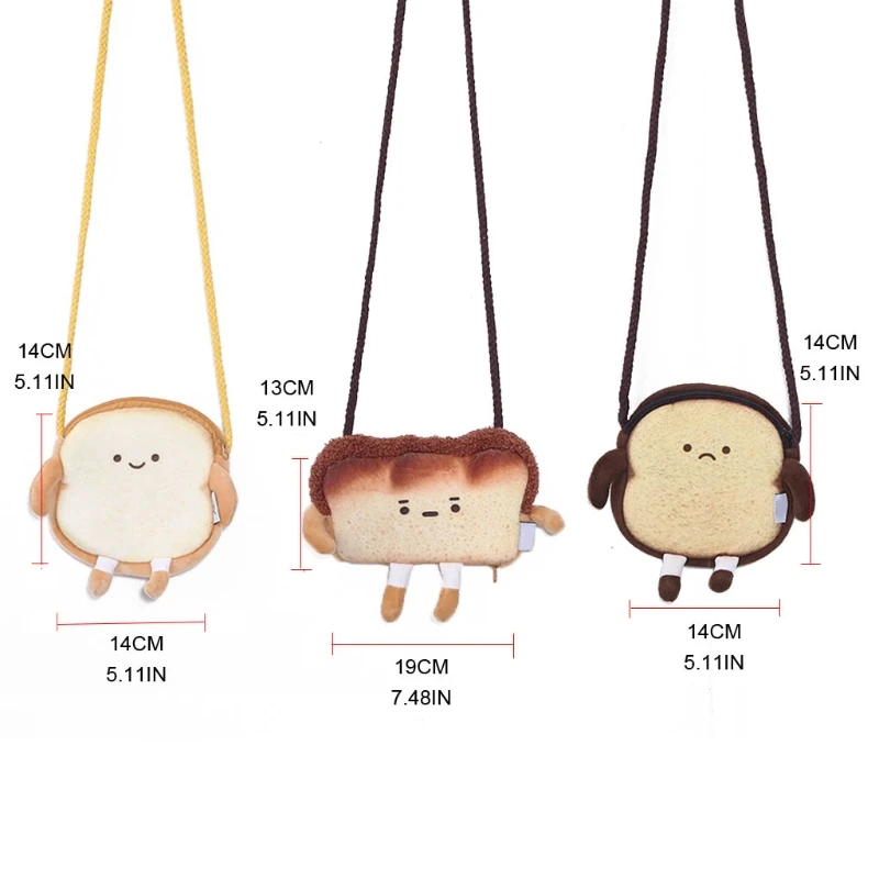 

Q1FE Bread Toast Backpack Cute Plush Crossbody Bag Coin Purse Plush Shoulder Bag Zipper Crossbody Handbag Adult Kids
