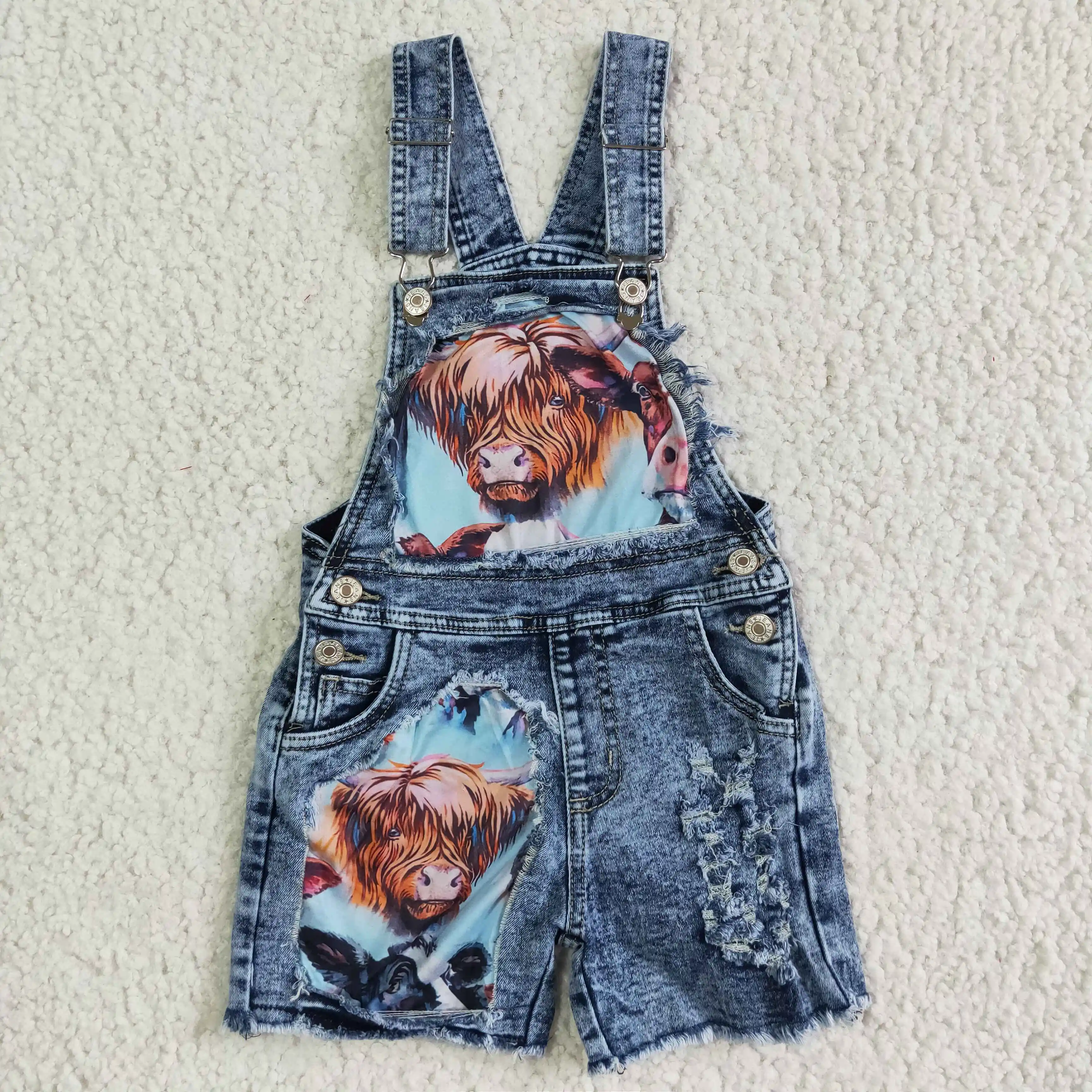 

girl high quality denim overalls highland cow print jeans for summer