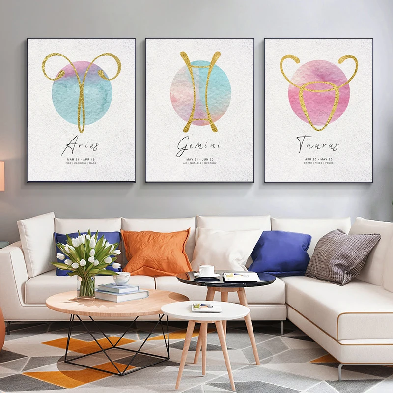 

Nordic Modern Watercolor Texture Pink Abstract 12 Constellations Wall Art Canvas Painting Posters For Living Room Home Decor