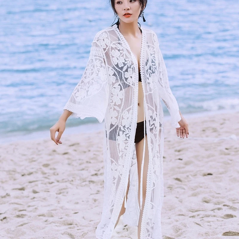 

Женское летнее бикини с рукавом 3/4, Свободное длинное кимоно с цветочной вышивкой в стиле бохо, кардиган с открытой передней частью, Пляжное ...