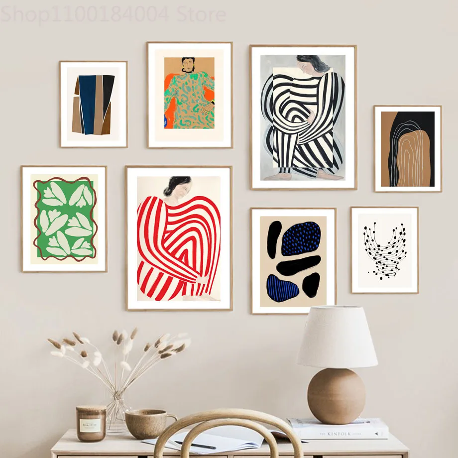 

Abstract Nordic Poster Girl Pose Lines Curve Geometry Shape Leaf Wall Art Print Canvas Decor Pictures For Living RoomPainting