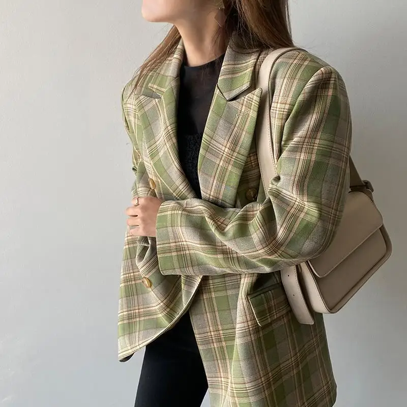 Vintage Loose Women Plaid Blazer 2023 Autumn Chic Double Breasted OL Female Long Sleeve Suit Jackets Blazers Korean Oversized