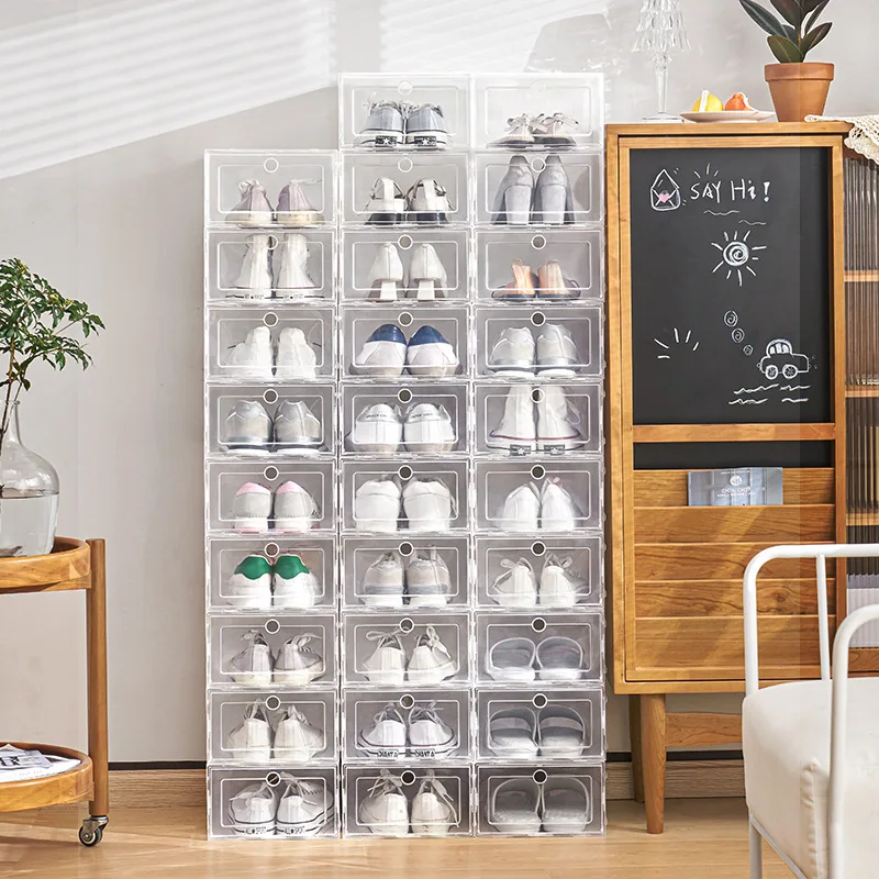 

Прозрачная коробка для обуви, пластиковые утолщенные ящики, составные металлические пластиковые складные органайзеры для обуви, 6 шт./комплект, коробка для обуви