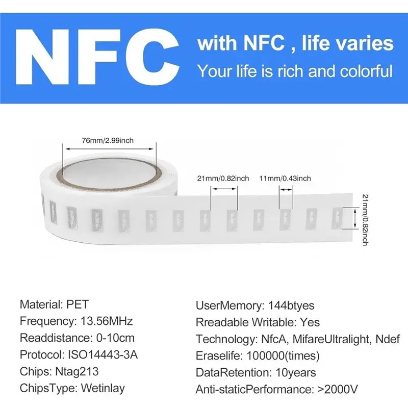Метки B29C-RFID, 500 шт., NFC-метки-наклейки с чипом NTAG213, пустые самоклеящиеся этикетки, перезаписываемые, память 137 байт. (art.: 3920dd2449750) - 3920dd2449750