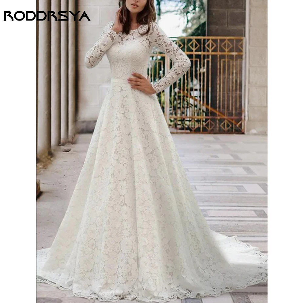 

A-Line Wedding Dresses Jewel Neck Sweep Brush Train Lace Long Sleeve Formal Romantic Sexy Elegant with Sashes Ribbons Pleats