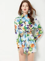 2022 spring summer runway fashion vacation cotton shorts suit women long sleeve floral blouse and shorts two pieces set n439