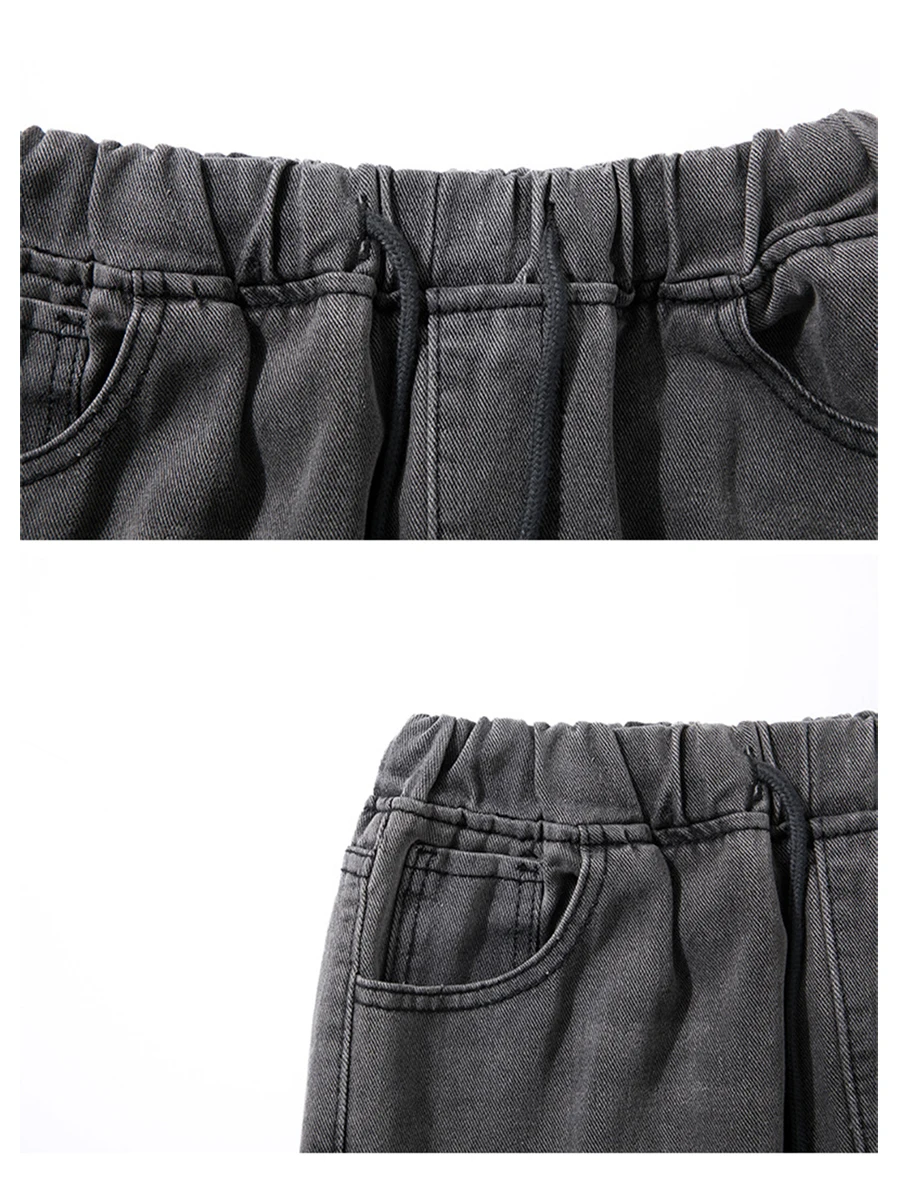 Four Seasons Men's Workwear Jeans Elastic Waist American High Street Grey Retro Wide Leg Pants Fashion Streetwear Ins Hot Sale