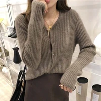 autumn winter women elegant casual v neck long sleeve solid color cardigan sweater single breasted knitted tops s 2xl 2 colors