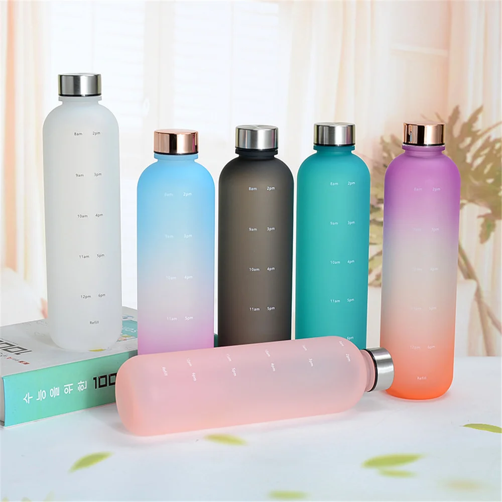 

1L Plastic Space Cup Transparent Frosted Large-Capacity Sports Kettle Copper Lid Outdoor Durable Water Bottle With Time Marker