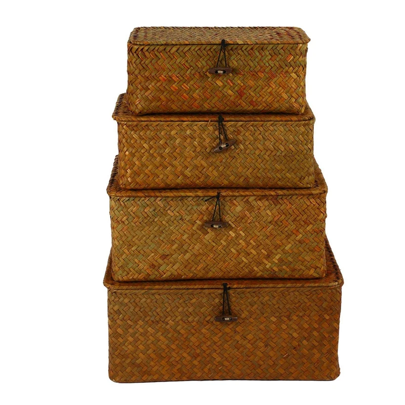 

HOT SALE Seagrass Storage Baskets With Lids, Woven Rectangular Basket Bins, Wicker Storage Organizer For Shelf, Set Of 8