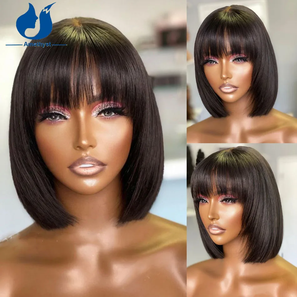 Amethyst 8 Inches Layered Cut Bob Human Hair Wigs With Bangs Full Machine Wig With Scalp Base None Lace  Remy For Women Glueless