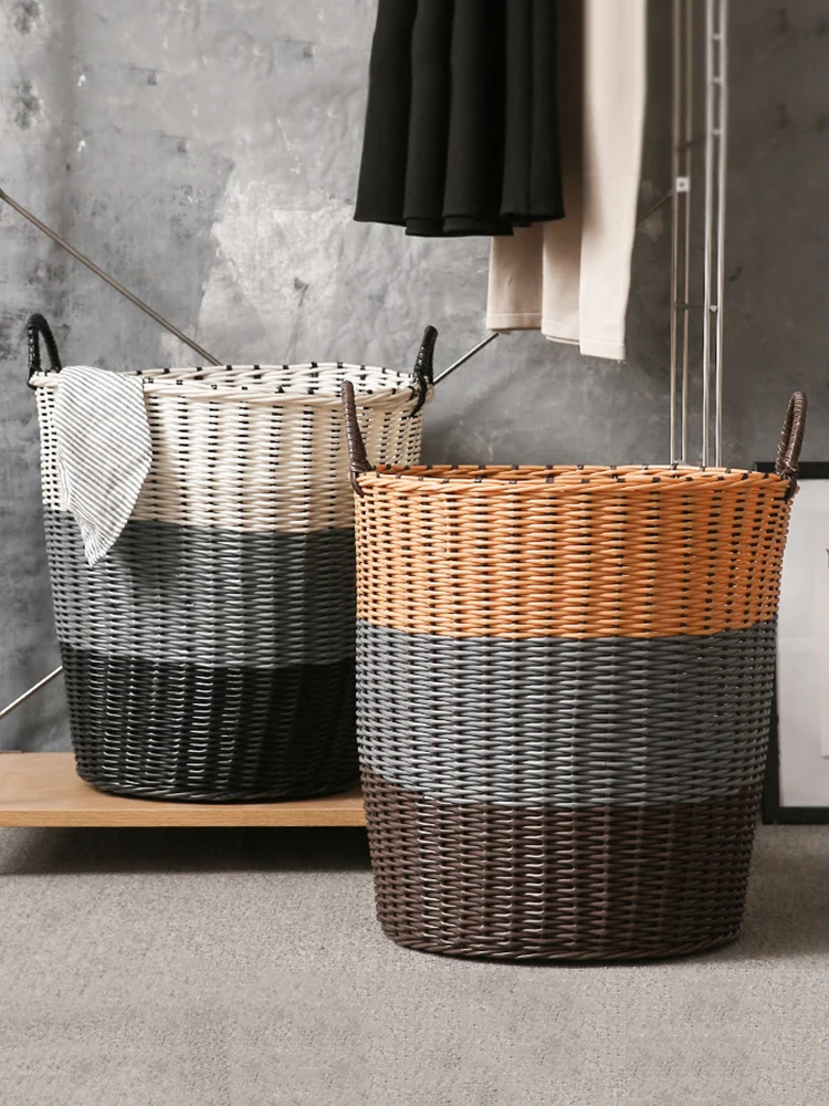 

Foldable Rattan Laundry Basket Big Capacity Laundry PE Storage Baskets Water-Resistance Cotton Dirty Woven Toy Storage Barrel