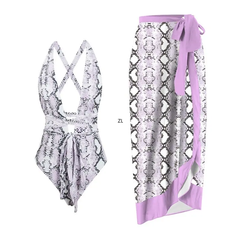 2 Piece Sets Women Outfi Retro Beach Swimsuit Set Elegant Chiffon Skirt One Piece Swimsuit Printed Beach Sexy Bikini Set Summer