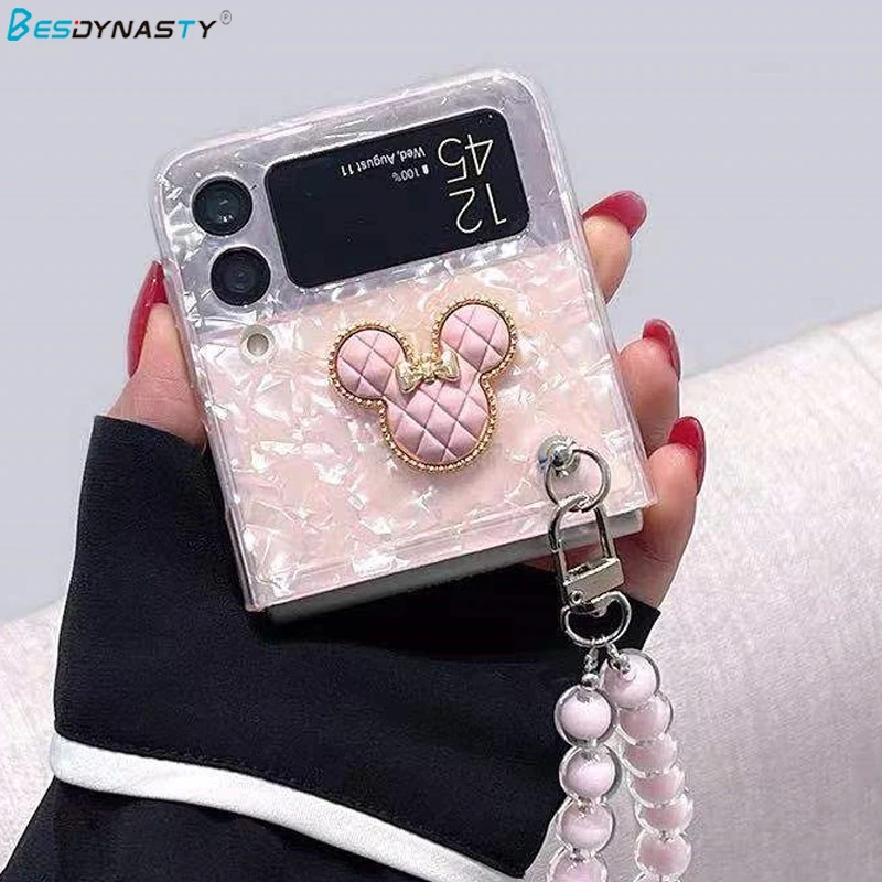 

BESD корейский милый мультяшный розовый браслет с бусинами и цепочкой чехол для телефона с рисунком для Samsung Galaxy Z Flip 3 ударопрочный жесткий че...