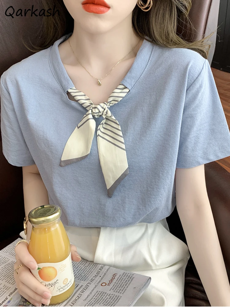 

Short Sleeve T-shirts Women Bow Office Ladies Summer Tops Clothes Elegant Sweet Design Vintage Футболка Женский Korean Style New