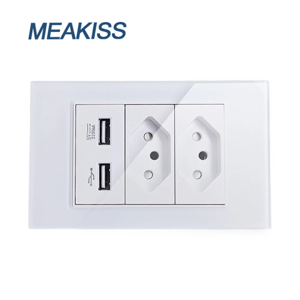 

MEAKISS Brazil Standard wall plug socket fireproof material USB 2A household appliances tempered glass USB port fast charge