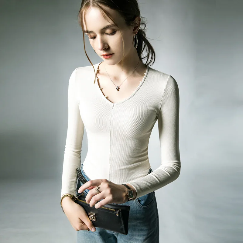 

High Quality 2023 Women Autumn T-shirt Screw Thread Design Female Winter Sexy Crop Top Clothes Casual Blouses Grace Meeting Y2K