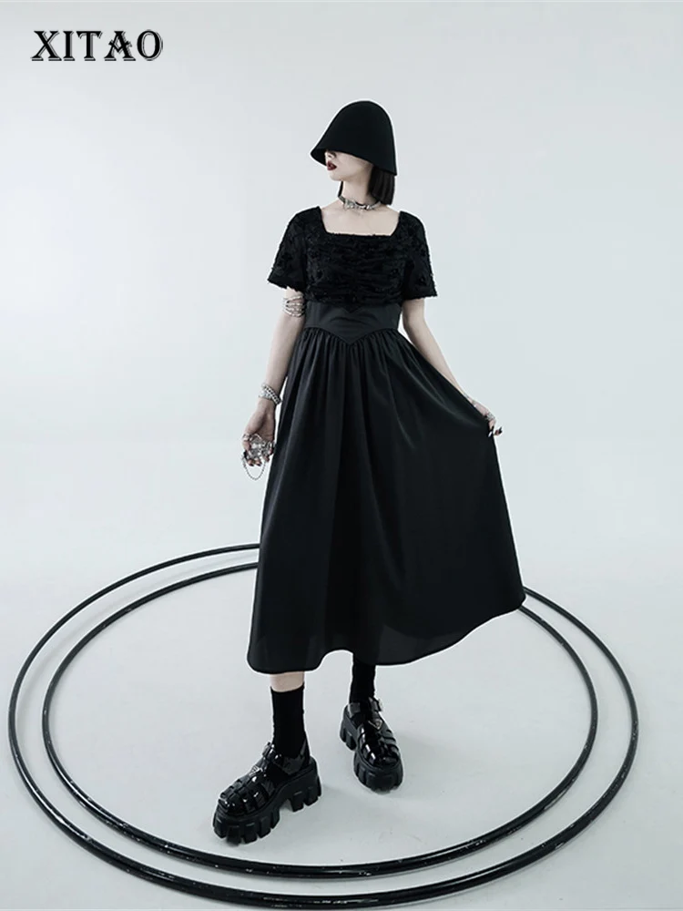 

XITAO/пуловер; Платье; Модное плиссированное платье в стиле пэчворк; Маленькое Свободное платье с открытой спиной и коротким рукавом; Модель ...