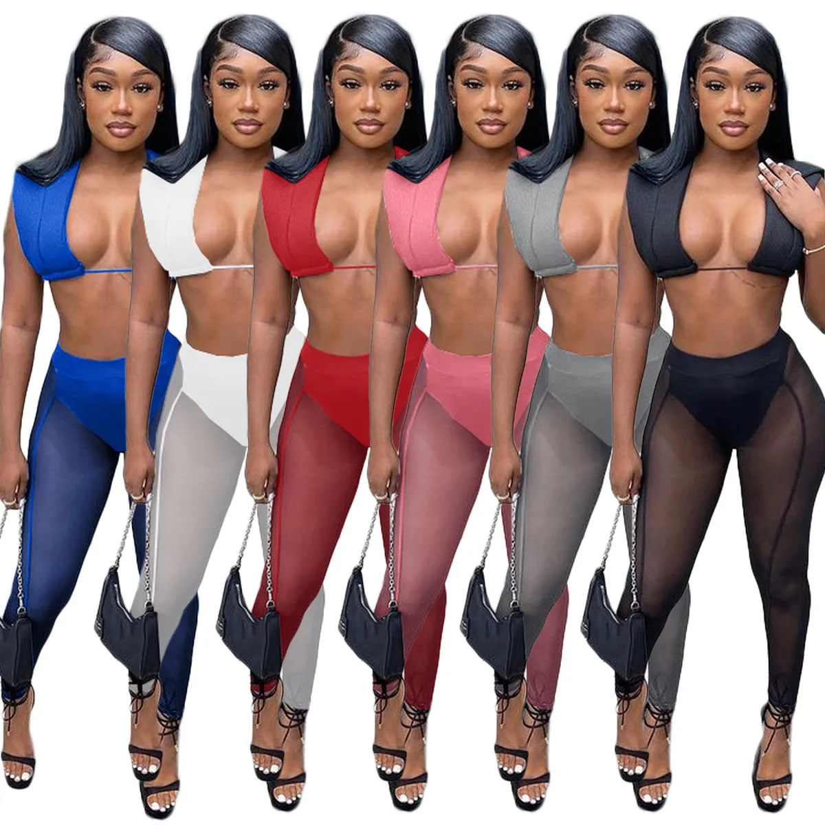 

Sexy Womens 2 Two Peice Sets Outfits Pink Bodycon Crop Top Skinny Patchwork Mesh Leggings Pants Sets Black Matching Sets