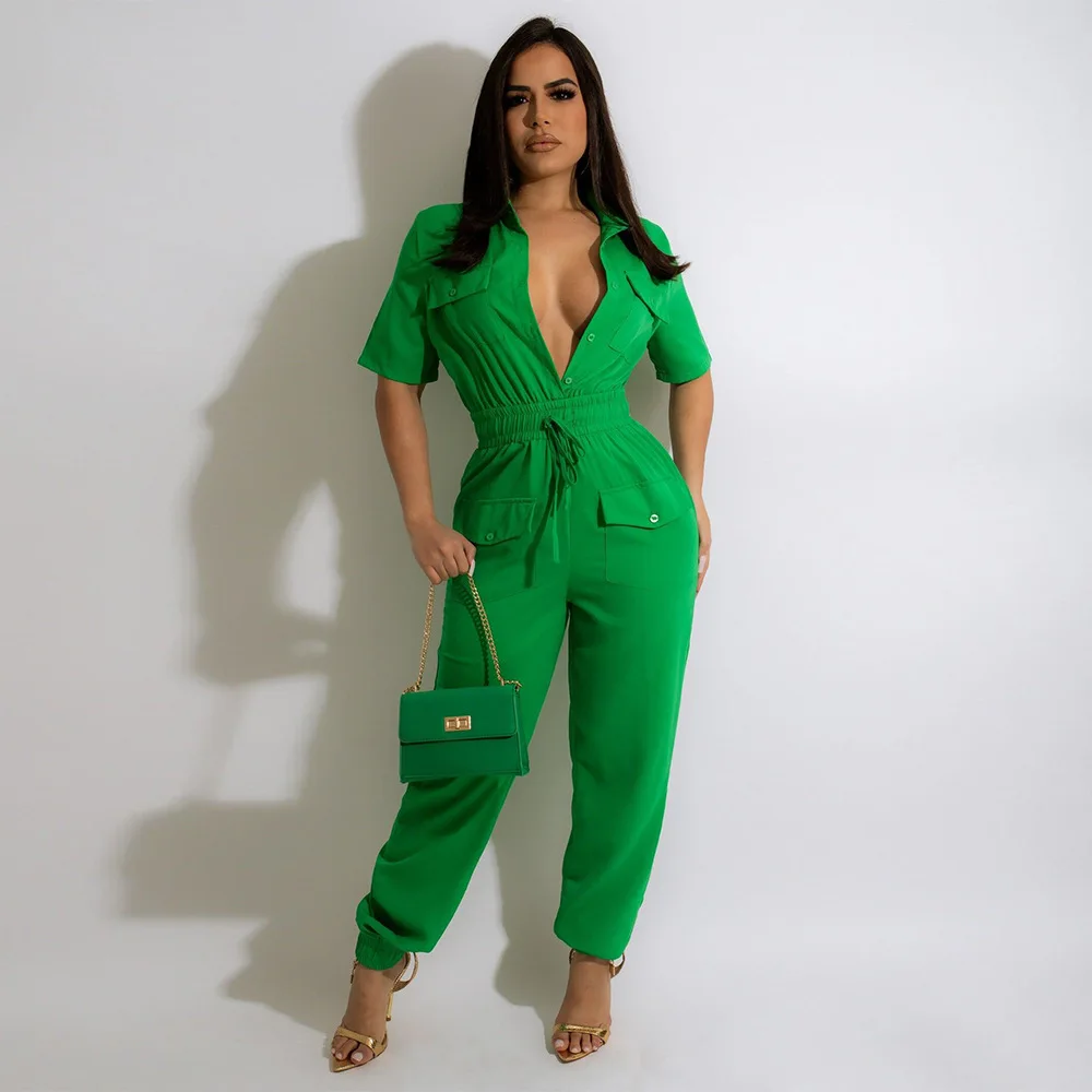 

Летний модный женский комбинезон, брюки-карго 2022, прямые Клубные комбинезоны с эластичным поясом, карманами и рукавами-шортами