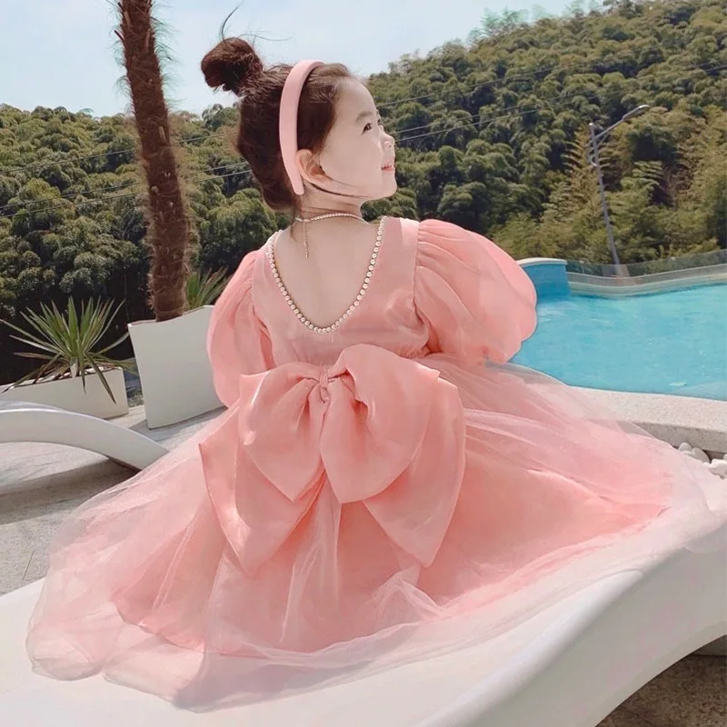 

Limited 2022 Summer New Baby Girls Fashion Boutique Fashion Pink Back Bow Dress Princess Kids Elegant Party Clothing 2-8Y