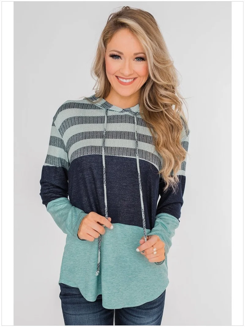 

Пуловер женский с капюшоном в полоску, Свободный Повседневный Свитшот контрастных цветов с кулиской, разноцветный пуловер с длинным рукавом в стиле пэчворк