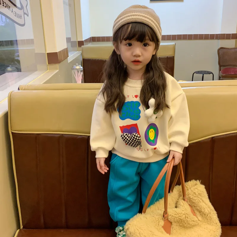 

Костюм для девочек, новая зимняя одежда, детский Модный стильный утепленный свитер с бархатной подкладкой, брюки из двух предметов