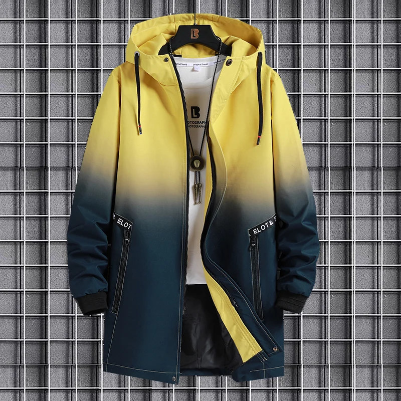 

Autumn Autumn Hooded Plus Mid-length 8XL Color Jacket Gradient Men's Size Trend Windbreaker Men's Top Spring