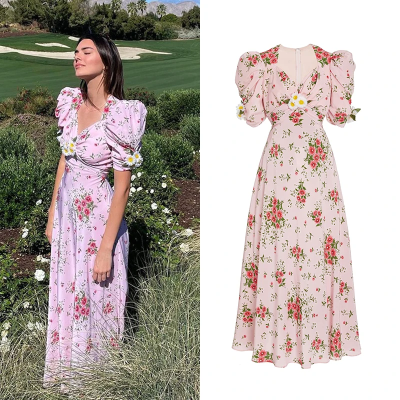 

Женское платье макси с коротким рукавом, V-образным вырезом и цветочным принтом