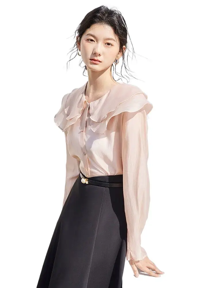 

Summer Women Solid Rayon Thin Breathable Loose Sunscreen Shirt Casual Double Layer Ruffle Collar Long Sleeved Shirt New 2023