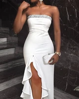 2022 new fashion elegant sexy white dress tube top ruffled side slit tight fitting long dress female summer autumn