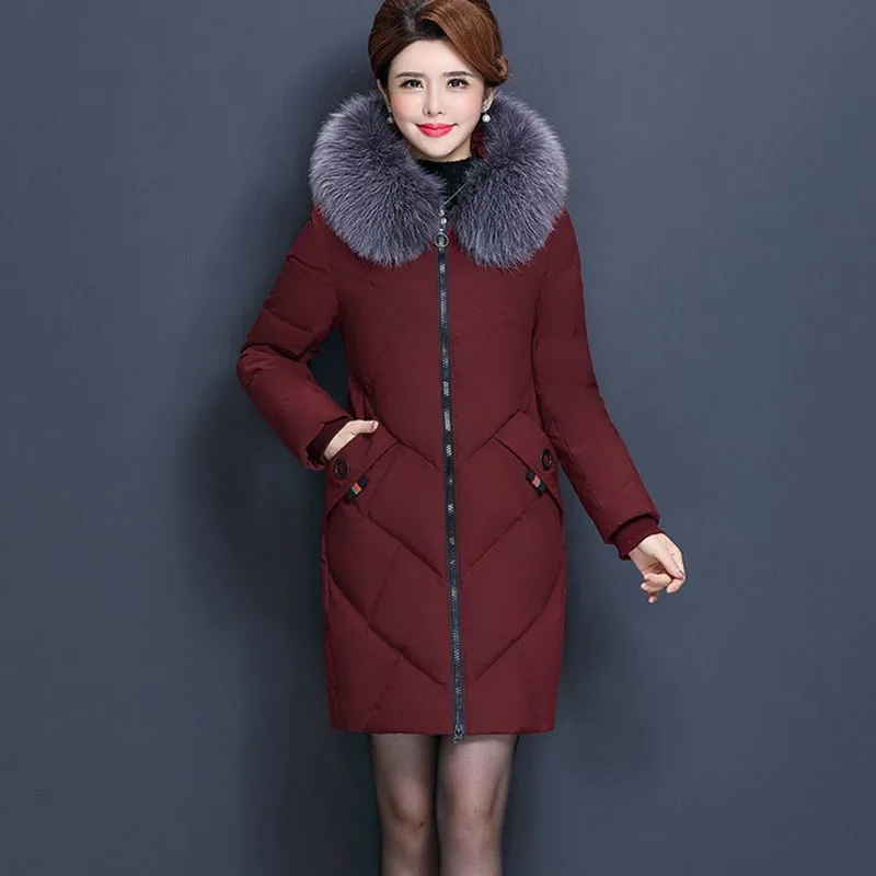 

Middle-Aged Womens Down Cotton Coat Winter Warm Outerwear Hooded Fur Collar Parka Overcoat Female Casual Long Quilted Jacket 5XL