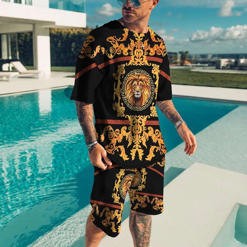 

Animal Lion 2 Pieces Sets Tracksuit Men vintage t-shirts+Pant Sportswear Suit Casual O-neck short sleeve 3D Print board shorts