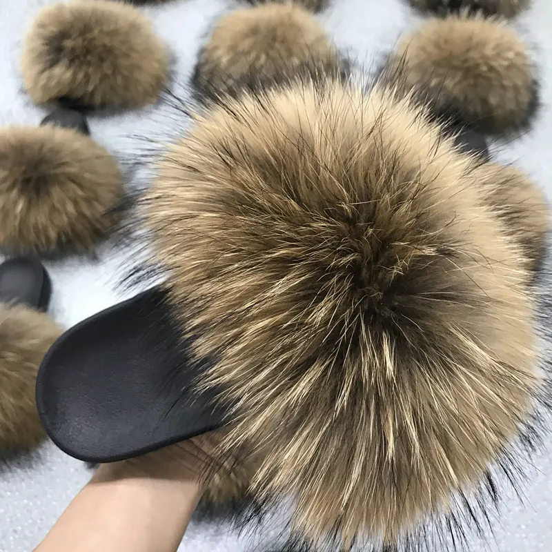 Real Fox Fur Slides Furry And Fluffy Fur Slippers Indoor House Women Flip Flops Beach Shoes Summer Woman Sandals Free Shipping