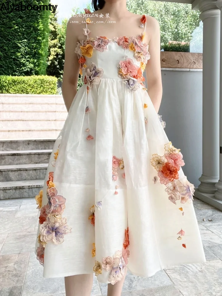 

Женское праздничное платье-трапеция средней длины, белое милое платье с цветочной аппликацией на подтяжках в стиле принцессы, лето 2022