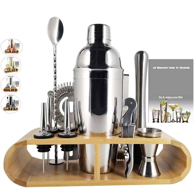 

750ml Stainless Steel Bar Cocktail Shaker Set Barware Tools Shaker Sets with Wooden Rack